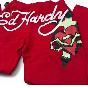 NWT Ed Hardy Cherry Red women Sweatpants flared with logo graphic sacred heart L